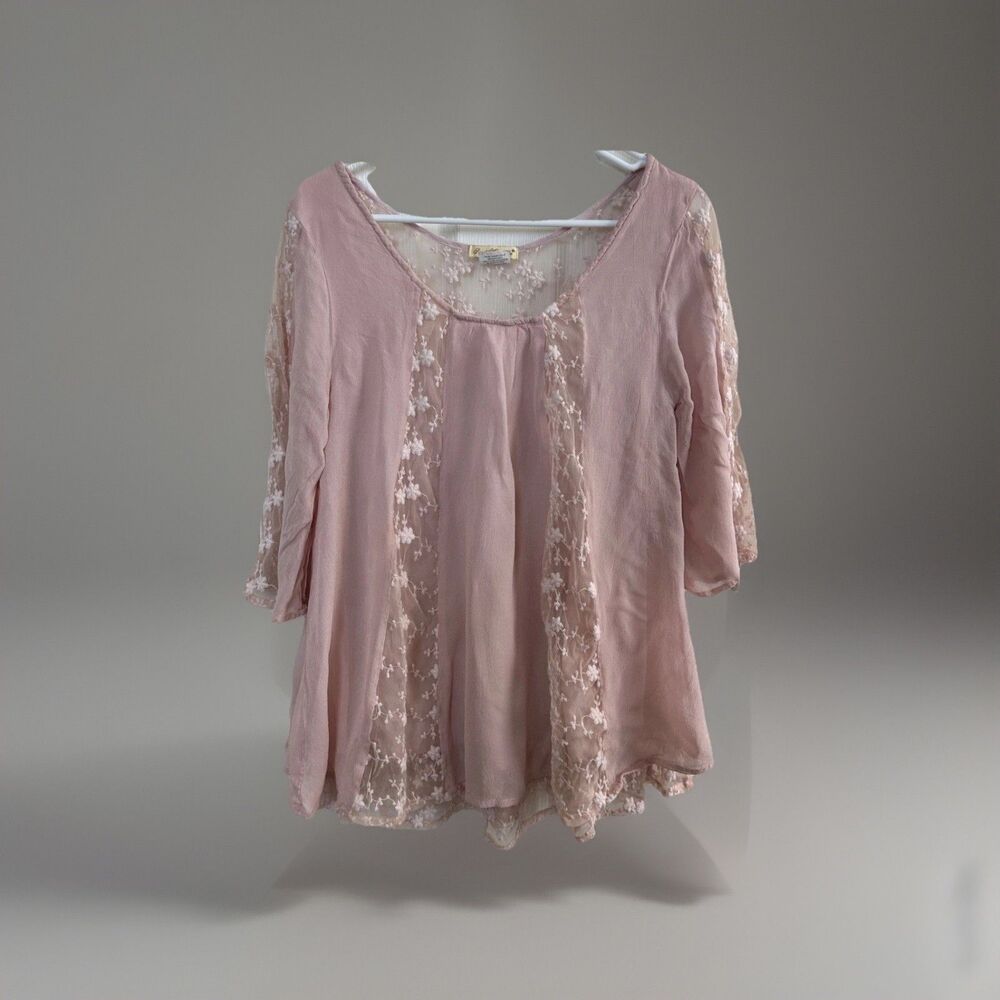 Sweet Magnolia Lace Mesh Boho Blouse Women's Size M Light Red Romantic Top